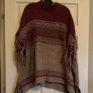 Free People Cozy Knit Poncho in Burgundy and Taupe
